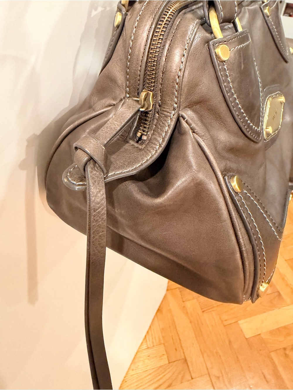 Luana Italian Leather Satchel Dark Olive Brown Chain Strap Top Handle - Picture 8 of 13